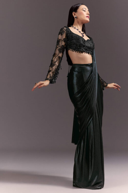 Ready Pleated Saree with V Neck Cutdana Blouse