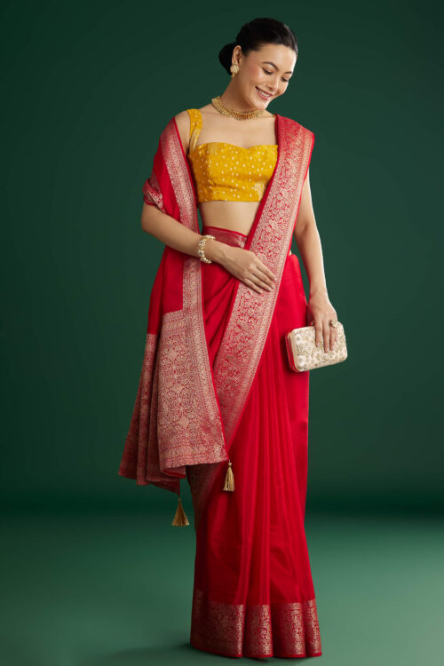 Red Dola Silk Saree With Woven Border And Pallu