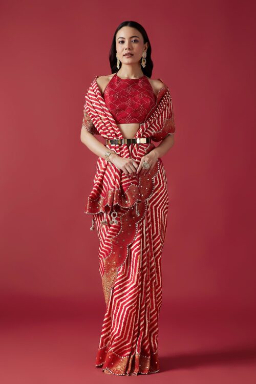 Red Leheriya Printed Saree With Mirror Work Border