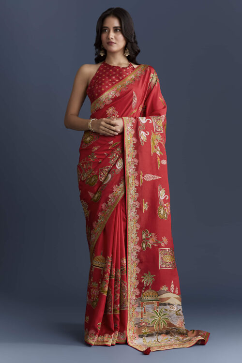Red Magenta Dola Silk Saree With Nature Motifs And Embroidery