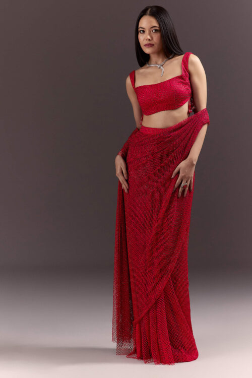 Red Pre Draped Saree with Crystal Embroidery