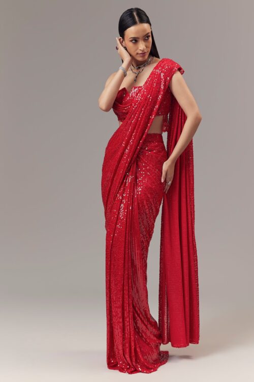 Red Ready Pleated Indo Western Shimmer Saree with Cowl Neck Blouse