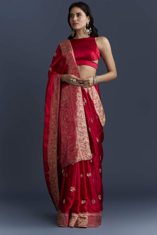 Red Satin Woven Saree With Zari Work