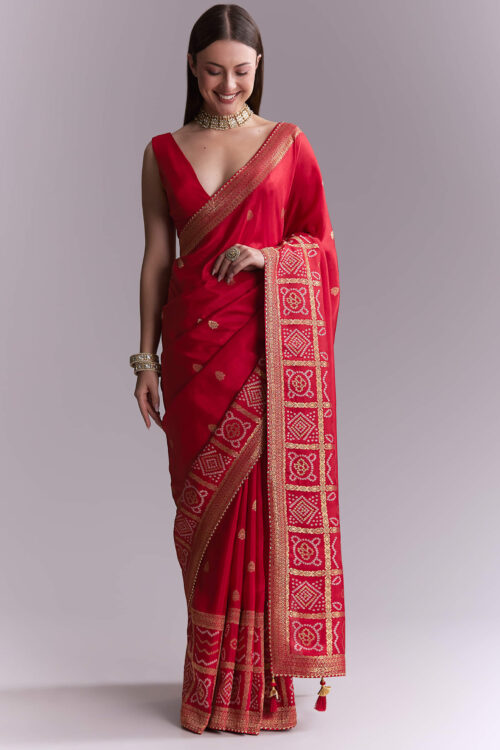 Red Silk Woven Saree With Booti Work And Bandhani Motifs