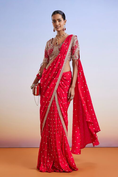 Red Zardosi Embroidered Ready Pleated Saree with Blouse