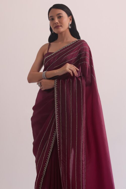 Red Chiffon Silk Saree With Cutdana Embellished