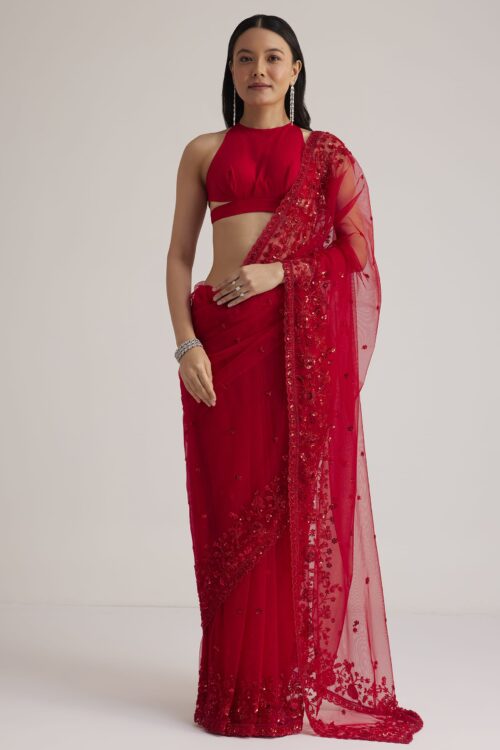 Red net saree
