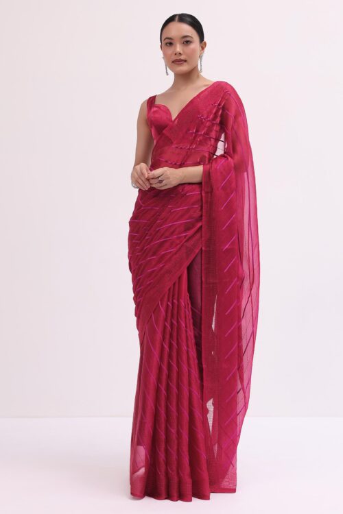 Red Stone Embroidered Saree With Unstitched Blouse