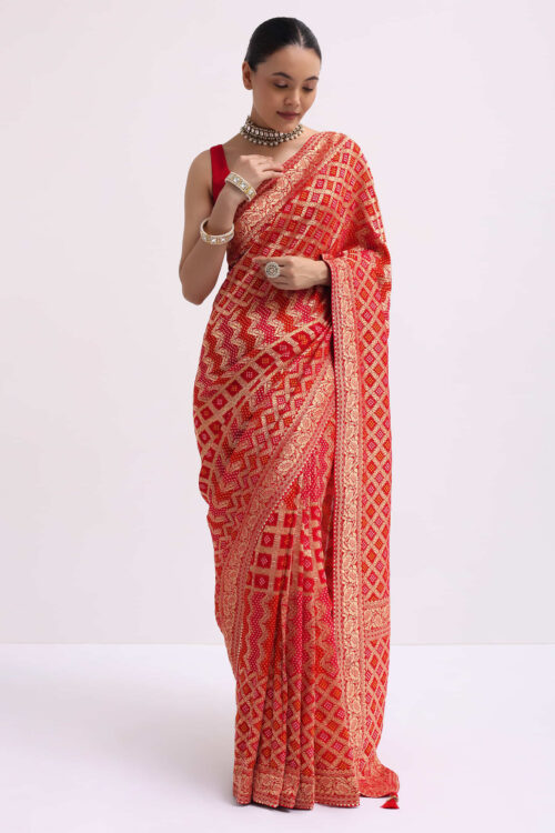 Red Woven Georgette Saree With Unstitched Blouse