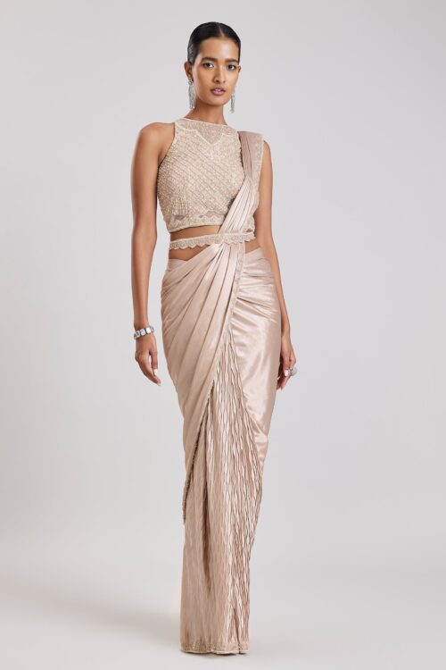 Rose Gold Ready Pleated Saree with Matching Belt