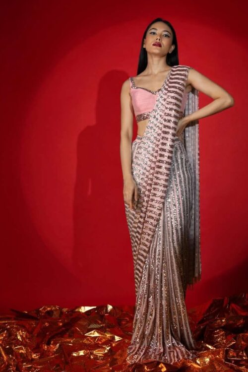 Rose Pink Ombre Sequin Ready Pleated Saree with Raw Silk Blouse