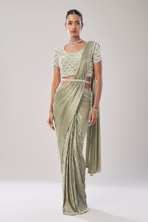 Sage Green Ready Pleated Saree with Chic Belt