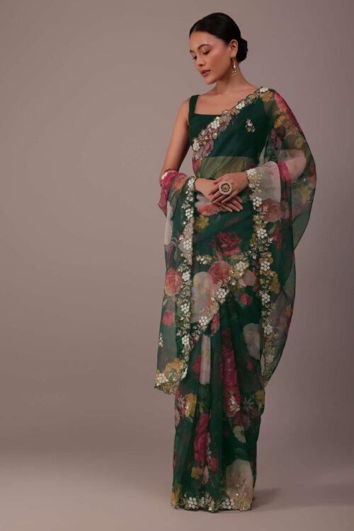 Deep Green Floral Printed Saree In Organza With Cut Dana Butti All Over