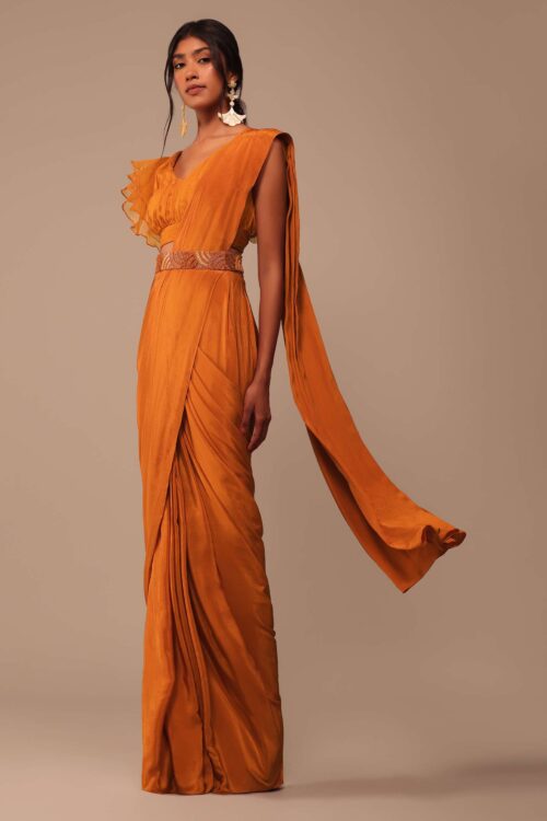Rust Orange Pre Draped Saree with Ruffle Blouse & Embroidered Belt