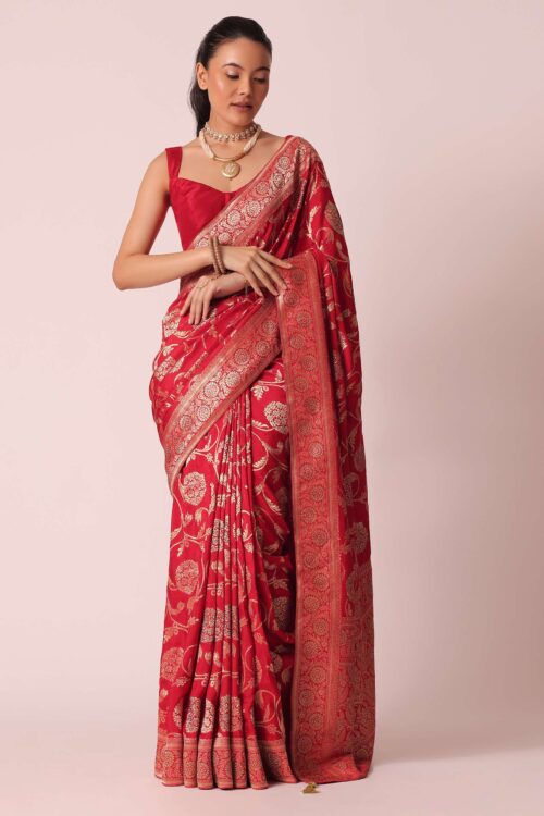 Red Saree in Dola Silk With Floral Weave And Unstitched Blouse Piece