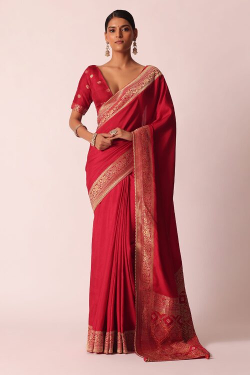 Red Bandhani Silk Woven Saree With Unstitched Blouse Piece