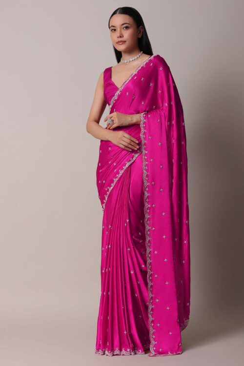 Rani Pink Satin Chinon Saree With Scallop Border And Unstitched Blouse Piece