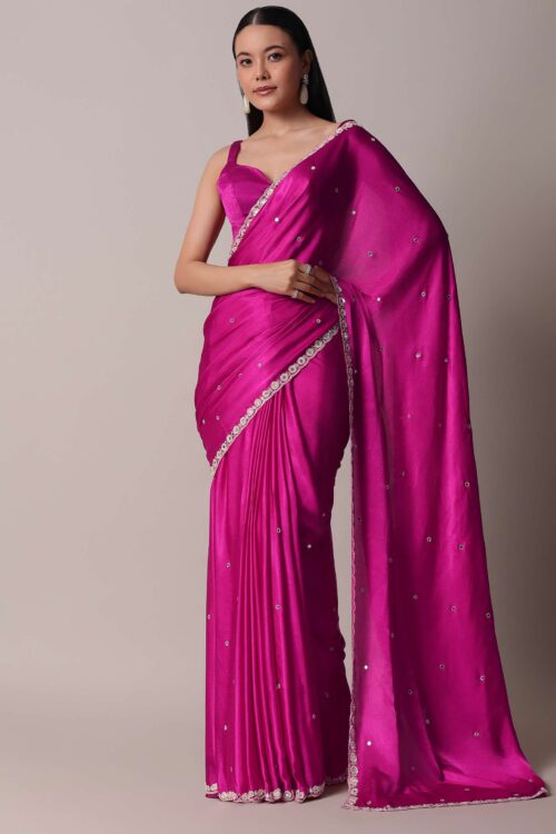 Pink Satin Chinon Saree With Floral Motif Scallop Border And Unstitched Blouse Piece