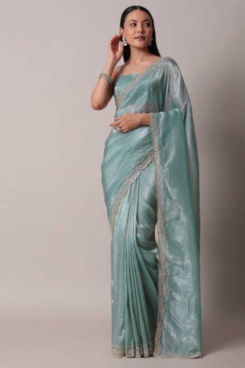 Sea Blue Tissue Saree With Mirror Work And Unstitched Blouse Piece