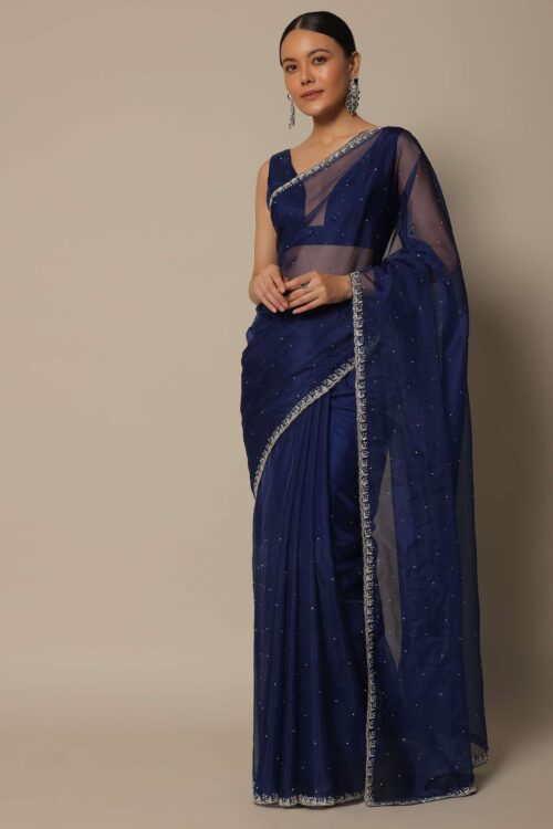 Blue Organza Saree With Stone Work And Unstitched Blouse Piece