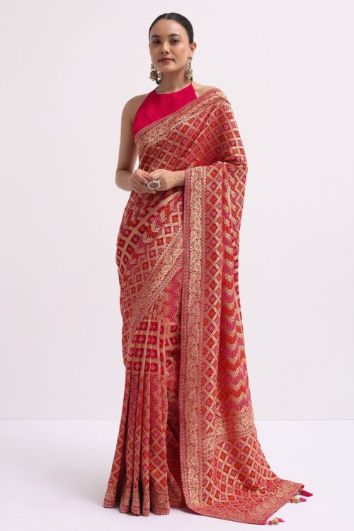 Hot Pink Woven Khadi Georgette Saree With Unstitched Blouse