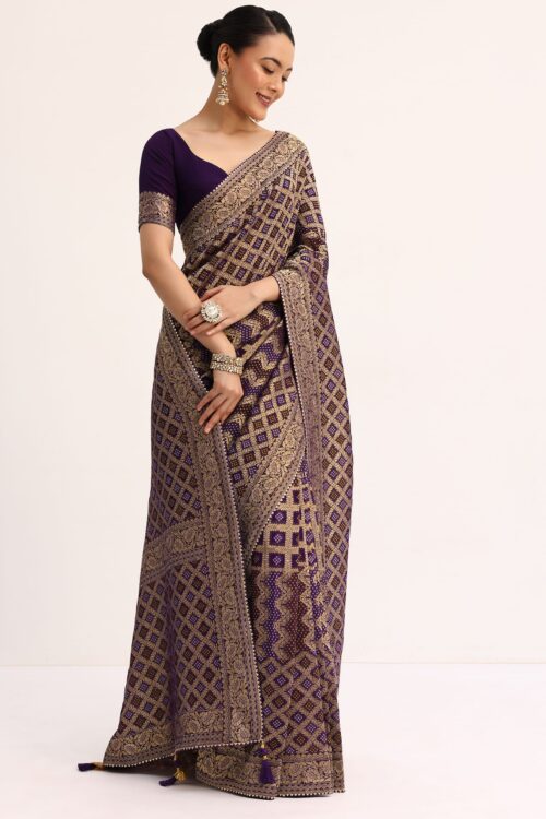 Purple Bandhani Tie Dye Saree With Zari Jaal And Unstitched Blouse