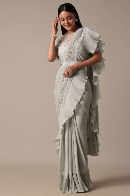 Grey Ready Made Saree with Tailored Blouse