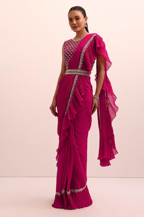 Red Pre Draped Frill Saree with Belt & Stitched Blouse