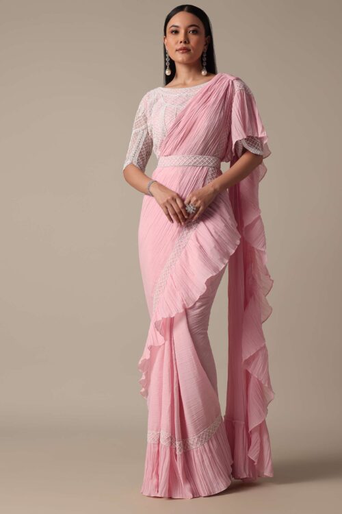 Pink Ready Made Frill Saree with Bead Embellished Blouse