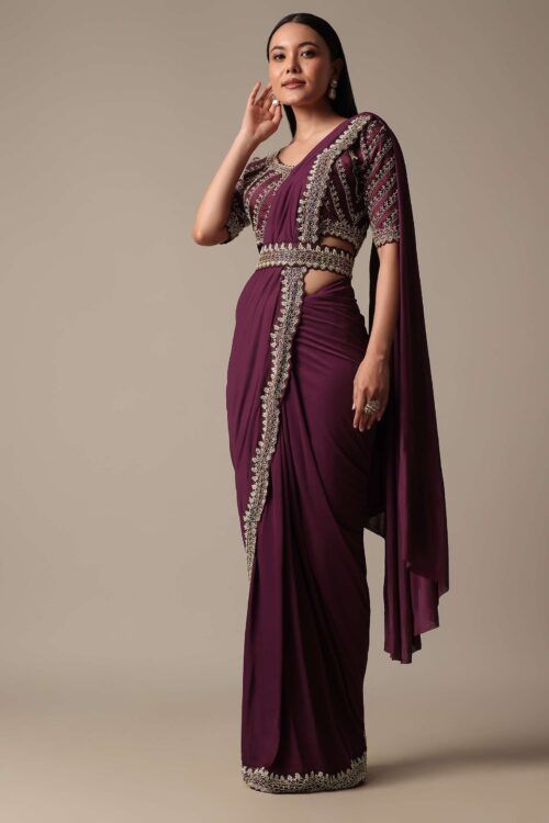 Wine Ready Made Saree with Embellished Blouse
