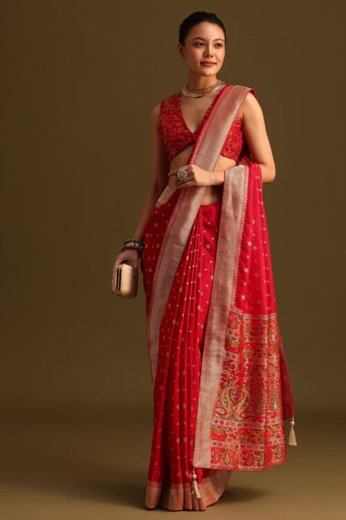Dola Silk Red Bandhani Saree With Meenakari Border Pallu And Unstitched Blouse