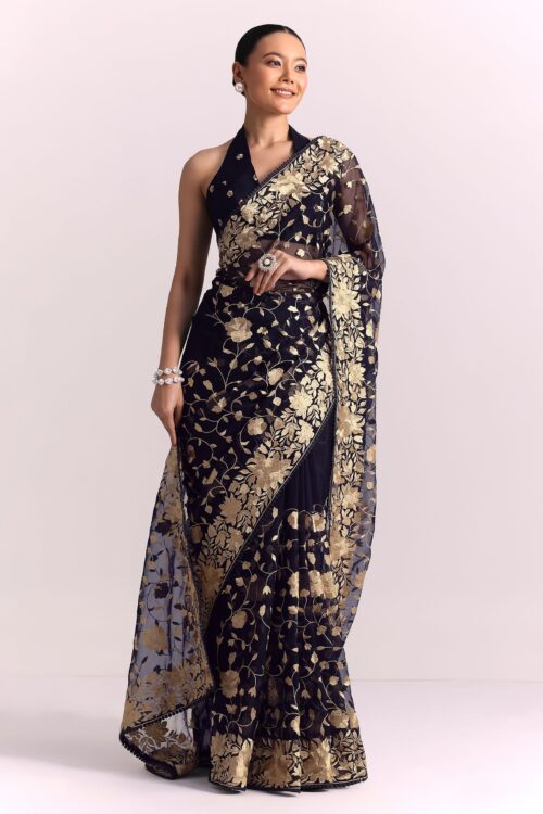 Blue Organza Parsi Gara Embroidered Saree