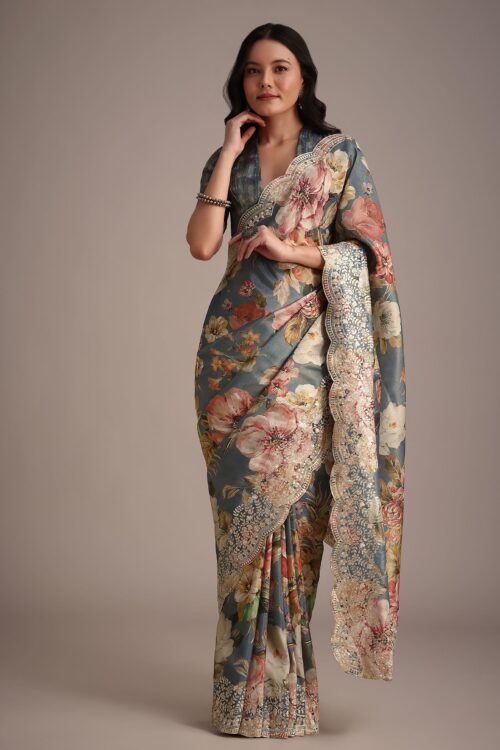 Grey Tissue Muslin Digital Printed Saree With Pitta Work On Border