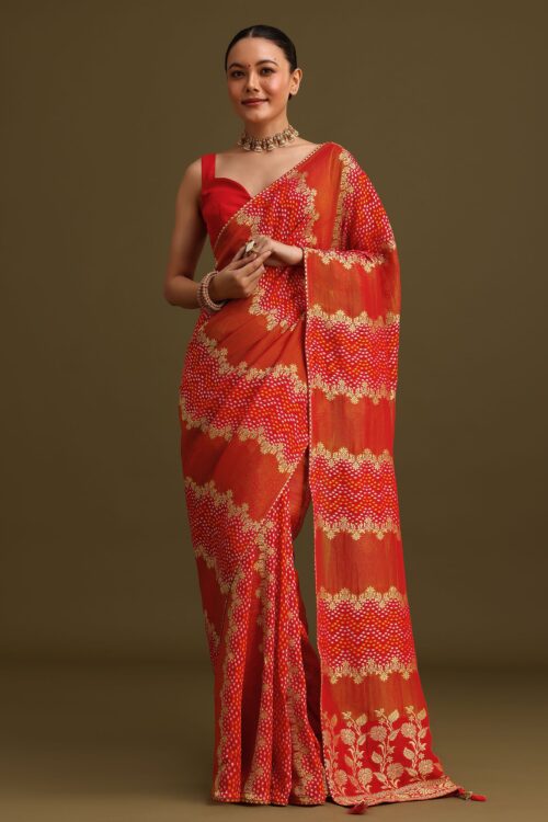 Red Khaddi Georgette Saree With Gotta Patti Border And Unstitched Blouse