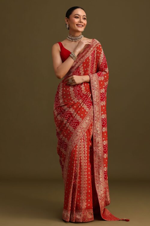 Red Khaddi Georgette Woven Saree With Gotta Patti Border