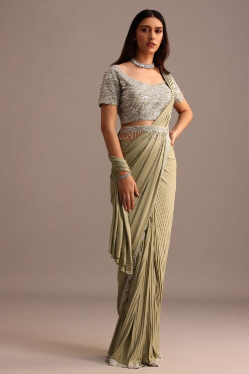 Pista Green Pre Draped Saree with Embroidered Blouse & Belt