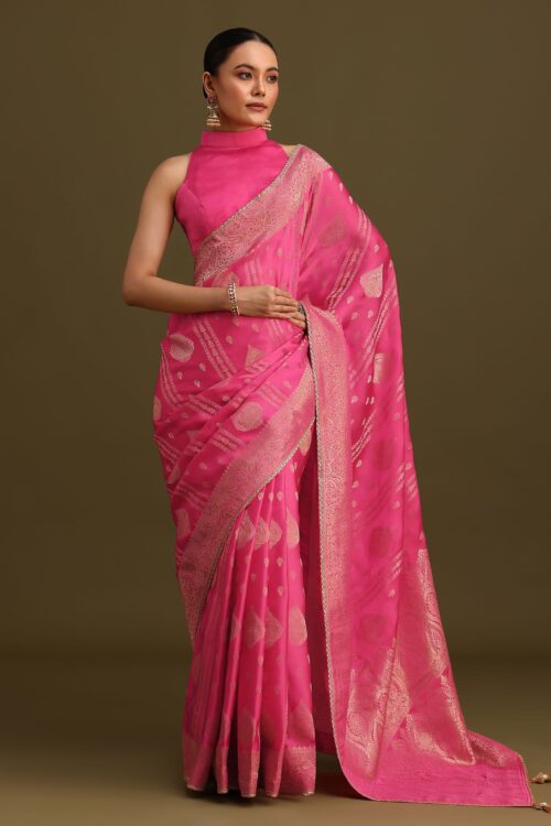 Pink Brocade Zari Weave Saree With Unstitched Blouse