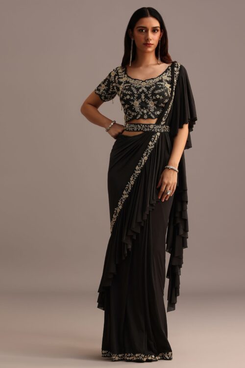 Black Ready Pleated Frill Saree with Embroidered Blouse & Belt