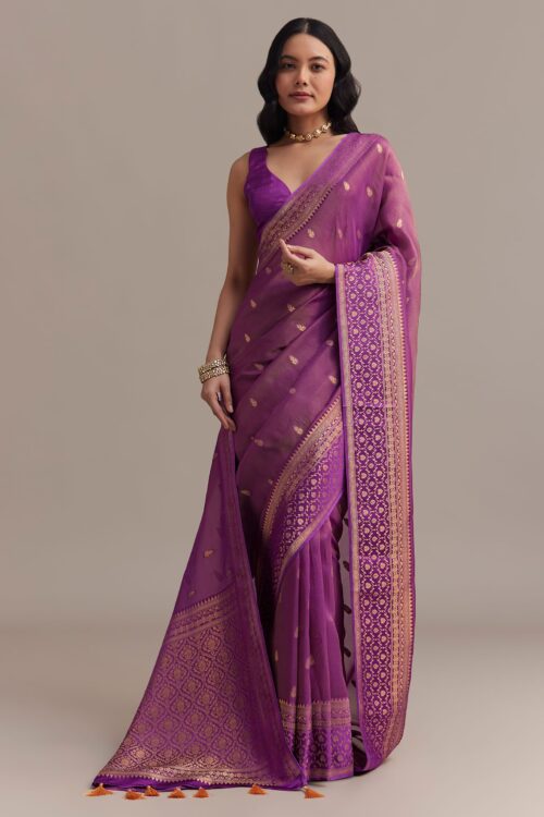 Purple Tissue Silk Saree With Butti Work And Chanderi Zari Woven Border