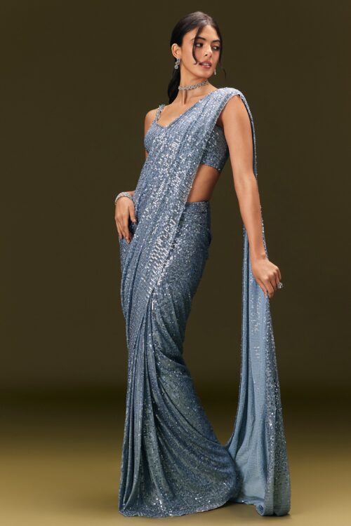 Blue Pre Stitched Saree with Sequin & Stone Work