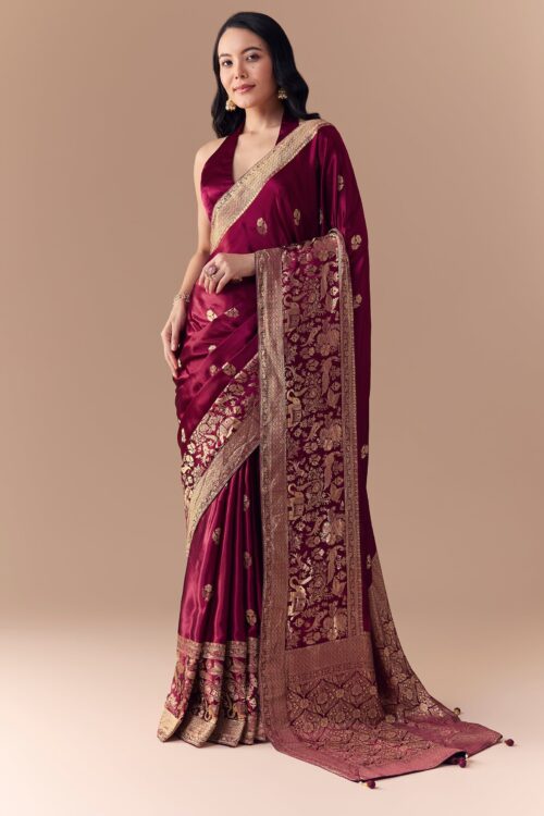 Wine Satin Woven Border Saree with Unstitched Blouse