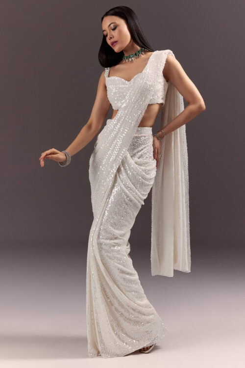 Silver Ready Drape Saree with Round Neck Blouse