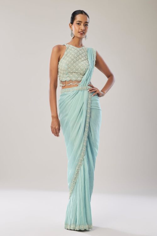 Sky Blue Ready Pleated Saree Styled with Belt