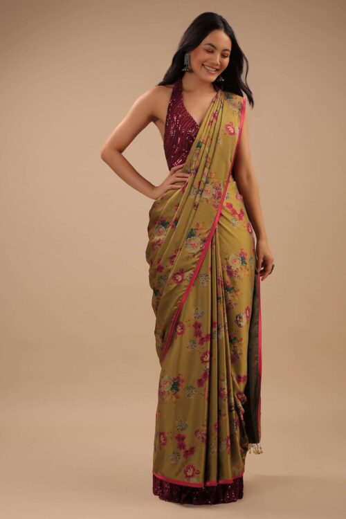 Sulphur Yellow Ready Made Saree with Floral Print & Contrast Sequin Blouse