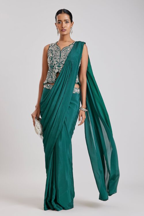 Teal Green Ready Pleated Saree with Stitched Blouse