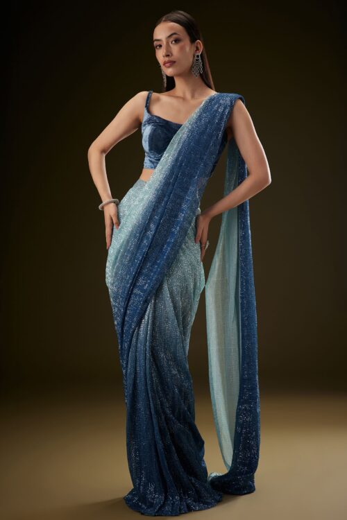 Teal Ombre Sequin Ready Saree with Velvet Blouse