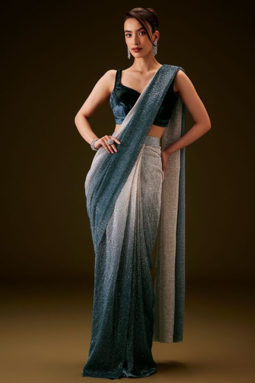 Teal & Cream Ombre Sequin Velvet Saree