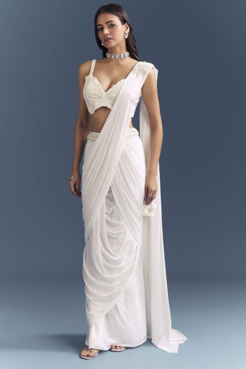 White Lycra Ready Pleated Saree with Hand Embroidery