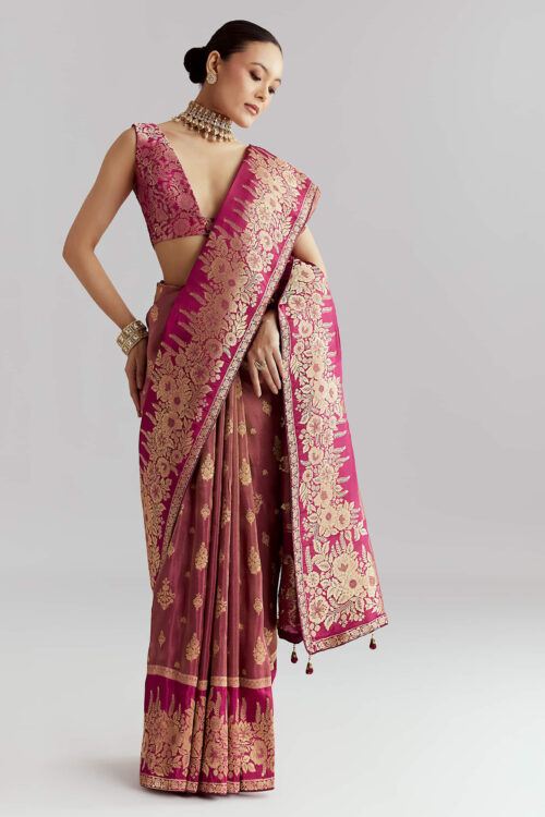 Wine Dola Silk Woven Saree With Zari Butti Work