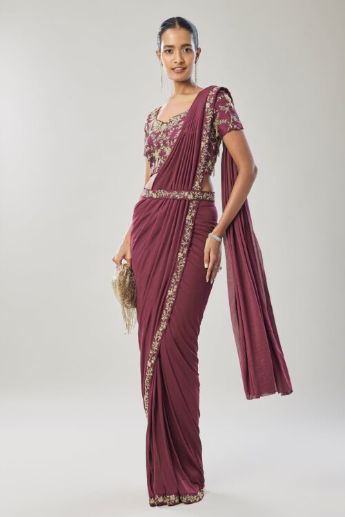 Wine Ready Pleated Saree Styled with Belt